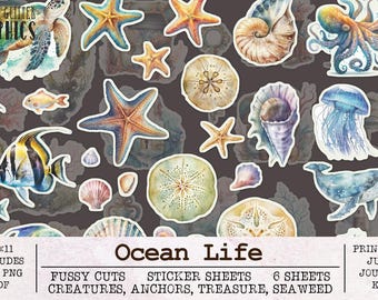 Ocean Life Fussy Cuts Printable Sticker Sheets | Junk Journal Kit JPG PNG PDF | Scrapbooking Ephemera Nautical Seahorse Jellyfish Lighthouse