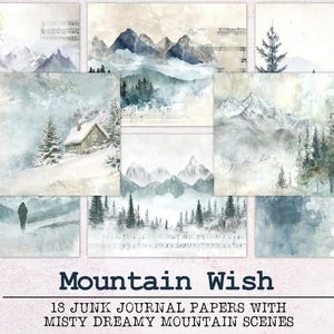 Puede incluir: 18 papeles digitales con escenas de montañas brumosas en tonos azules y grises. Los papeles son perfectos para el diario de chatarra y otras manualidades de papel. El texto "Mountain Wish" está en la parte inferior de la imagen.