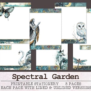 Papelería Spectral Garden / Papel para escribir con y sin líneas JPG PDF / Papel digital para cartas / Diario basura Fantasy Nature Garden