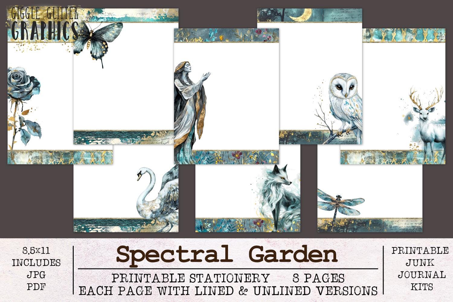 Spectral Garden Stationery | Unlined & Lined Writing Paper JPG PDF | Digital Paper for Letters | Junk Journal Fantasy Nature Garden