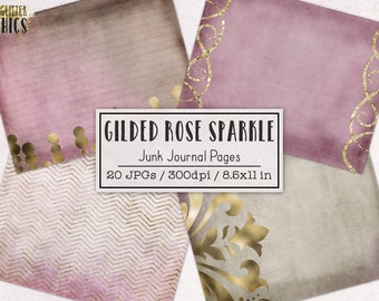 Gilded Rose Sparkle Junk Journal Pages | Junk Journal Kit | Printable Journal Pages | Digital Paper Ephemera