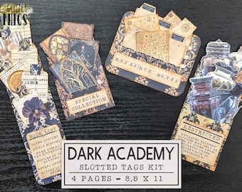 May include: Dark Academy slotted tags kit with a vintage aesthetic. The kit includes tags with labels like "Book List" and "Research Notes", and illustrations of jars and documents. The kit is 8.5 x 11 inches.