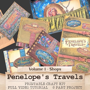 Pode incluir: Uma coleção de kits de artesanato imprimíveis em estilo vintage, com o texto "Penelope's Travels" e "Volume 1 - Shops". Os designs incluem ilustrações florais e temáticas de viagens, com uma paleta de cores azuis, verdes e castanhos. Os kits são rotulados como "US LETTER 8.5 x 11in JPG PDF PNG."