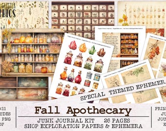 May include: A digital printable junk journal kit with 26 pages of fall apothecary themed papers and ephemera. The kit includes images of jars, bottles, herbs, crystals, and other fall-themed elements. The text "Fall Apothecary" is featured in the center of the image.