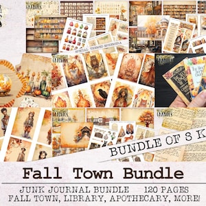 May include: A digital collage kit for junk journals featuring a fall town theme. The kit includes 120 pages of printable images with a variety of fall-themed designs, including a library, apothecary, and more. The kit is perfect for adding a touch of autumn charm to your journals.