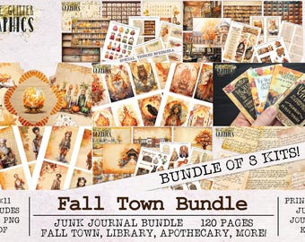 May include: A digital collage kit for junk journals featuring a fall town theme. The kit includes 120 pages of printable images with a variety of autumn-themed designs, including a library, apothecary, and more. The kit is perfect for adding a touch of autumn charm to your journals.