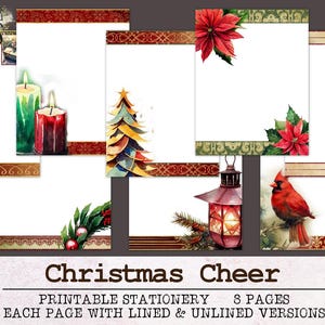 May include: Printable stationery set with 8 pages featuring Christmas themes. Each page has lined and unlined versions. The designs include candles, a Christmas tree, poinsettias, a cardinal, and a lantern.
