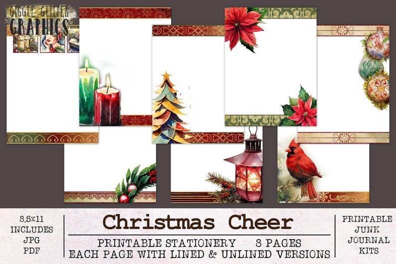 May include: Printable stationery set with 8 pages featuring Christmas themes. Each page has lined and unlined versions. The designs include candles, a Christmas tree, poinsettias, a cardinal, and a lantern.