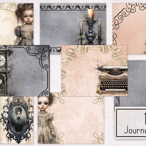 May include: 16 digital journal pages with a vintage gothic theme. The pages feature images of a clock, a typewriter, a girl, a throne, and a door. The pages are perfect for journaling, scrapbooking, or other creative projects.
