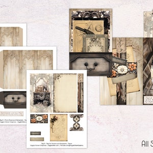 May include: A collection of printable paper ephemera sheets with a vintage aesthetic. The designs feature antique furniture, floral accents, and handwritten text. The text "THE ATTIC" is visible on several sheets. All sheets measure 8.5x11 inches.