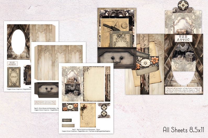 May include: A collection of printable paper ephemera sheets with a vintage aesthetic. The designs feature antique furniture, floral accents, and handwritten text. The text "THE ATTIC" is visible on several sheets. All sheets measure 8.5x11 inches.