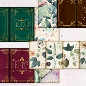 May include: Four vintage book covers with gold accents and floral patterns. The covers are labeled "Sketches", "Flora", "Notes", and a floral pattern.