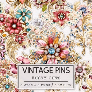 Vintage Pins Fussy Cuts Printable Sticker Sheets | Floral Junk Journal Kit | Scrapbooking Ephemera Flowers Jewelry Rhinestone Glamour