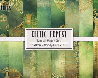 Celtic Forest Glitter Digital Papers | Digital Paper Pack | Printable Scrapbook Ephemera | Celtic Knotwork Foil Metallic