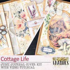 Puede incluir: Un kit de portada de diario de chatarra imprimible con un tema de cottagecore. La portada presenta una cabaña, flores, hongos y una mariposa. El kit incluye 19 páginas, un tutorial en video y mide 8,5 x 11 pulgadas.
