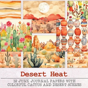 Papier journal indésirable Desert Heat | Kit de journal indésirable JPG et PDF | Pages imprimables | Ephémères numériques | Cactus Poterie Aquarelle Sud-Ouest