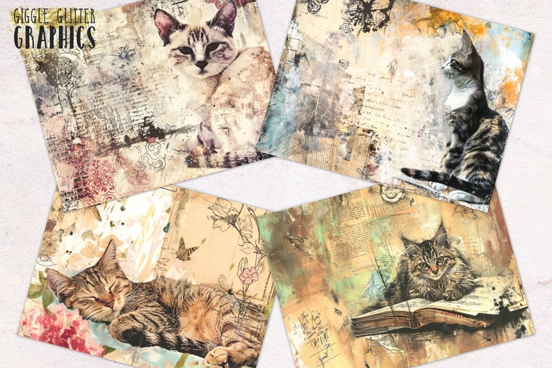 Cat Junk Journal Paper Junk Journal Kit Printable Journal Pages Digital Paper Ephemera Distressed Collage image 2