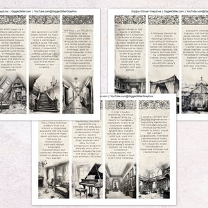 May include: A set of 10 printable bookmarks featuring black and white images of a Victorian home's interior. The images include a grand staircase, a library, a nursery, and a music room. The bookmarks are printed on a textured paper with a vintage aesthetic.