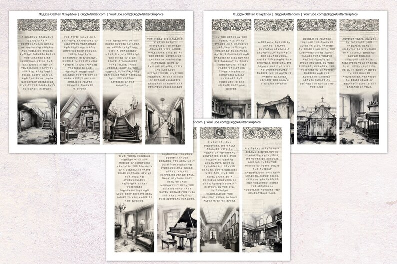 May include: A set of 10 printable bookmarks featuring black and white images of a Victorian home's interior. The images include a grand staircase, a library, a nursery, and a music room. The bookmarks are printed on a textured paper with a vintage aesthetic.