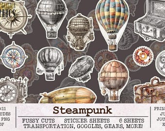 Afdrukbare stickervellen Steampunk Fussy Cuts | Junk Journal Kit JPG PNG PDF | Tandwielen Klokken Heteluchtballonnen Zwembrillen Vlinders