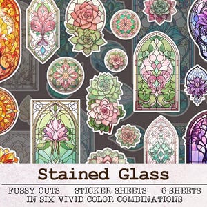 Stained Glass Fussy Cuts Printable Sticker Sheets | Junk Journal Kit JPG PNG PDF | Scrapbooking Ephemera Flowers Butterflies