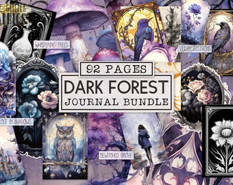Könnte beinhalten: Eine Collage aus 92 Seiten digitaler Kunst mit dem Thema dunkler Wald. Die Seiten enthalten Illustrationen von Eulen, Pilzen, Blumen, Vögeln und Bäumen. Der Text "92 PAGES DARK FOREST JOURNAL BUNDLE" befindet sich in der Mitte des Bildes.
