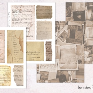 May include: A set of vintage-style paper textures with handwritten text and faded photographs. The paper is beige and brown with a distressed look. The set includes a sheet of paper with a list of words, a sheet of paper with a handwritten letter, and a sheet of paper with a faded photograph.