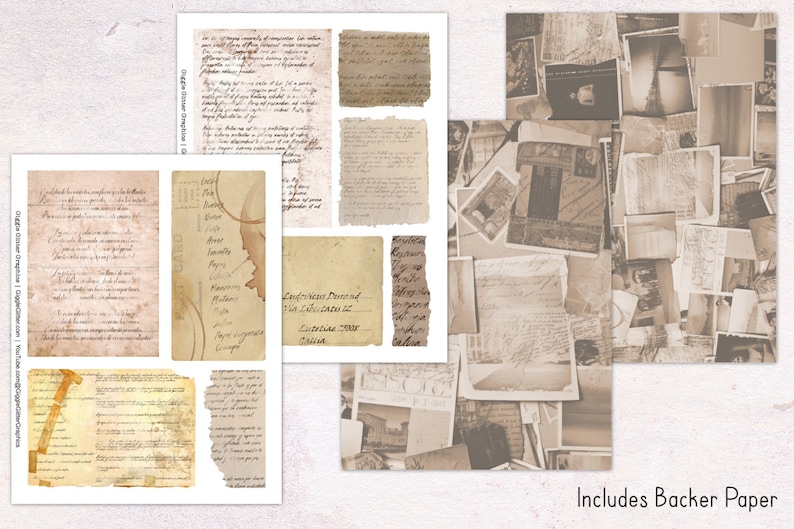 May include: A set of vintage-style paper textures with handwritten text and faded photographs. The paper is beige and brown with a distressed look. The set includes a sheet of paper with a list of words, a sheet of paper with a handwritten letter, and a sheet of paper with a faded photograph.
