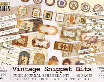 Vintage Snippet Strip Cluster Making Junk Journal Ephemera Kit | Video Tutorial | Printable JPG + PNG + PDF