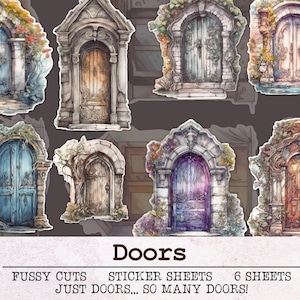 Door Fussy Cuts Printable Sticker Sheets | Junk Journal Kit JPG PDF PNG | Printable Watercolor Drawings of Doors