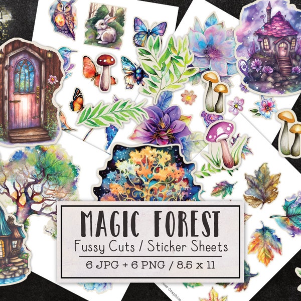 Magic Forest Fussy Cuts Printable Sticker Sheets | Junk Journal Kit | Scrapbooking Ephemera Fantasy Nature Trees Animals