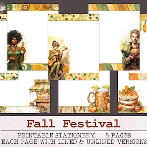 Papelería para festivales de otoño / Papel para escribir con y sin líneas JPG PDF / Papel digital para cartas / Diario basura Fantasía Otoño