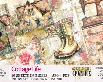Cottage Life Junk Journal Paper | Cottagecore Junk Journal Kit | Printable Journal Pages | Digital Paper Ephemera | Vintage Shabby Flowers