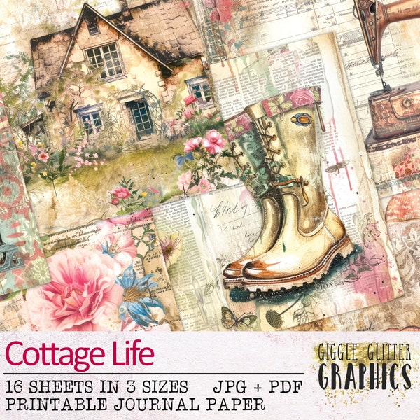 Cottage Life Junk Journal Paper | Cottagecore Junk Journal Kit | Printable Journal Pages | Digital Paper Ephemera | Vintage Shabby Flowers