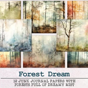 Forest Dream Junk Journal Paper | Junk Journal Kit JPG i PDF | Wydrukowalne strony dziennika | Cyfrowe papierowe ephemera | Vintage Trees Watercolor