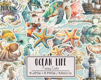 Ocean Life Fussy Cuts Printable Sticker Sheets | Junk Journal Kit | Scrapbooking Ephemera Nautical Seahorse Jellyfish Lighthouse