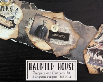 Kit de diario basura de casa embrujada, fabricación de grupos de recortes, kit de efímeras para diario basura de Halloween, efímeras para scrapbooking, recortes espeluznantes y quisquillosos