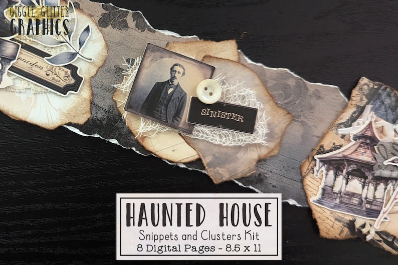 May include: A digital scrapbook kit with a haunted house theme. The kit includes 8 digital pages, each measuring 8.5 inches by 11 inches. The pages feature vintage-style images, including a portrait of a man, a button, a lace overlay, and a small building with a pagoda roof. The text "SINISTER" is visible on one of the pages.