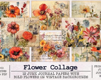 Flower Collage Junk Journal Paper | Junk Journal Kit JPG and PDF | Printable Journal Pages | Digital Paper Ephemera | Floral Vintage Nature