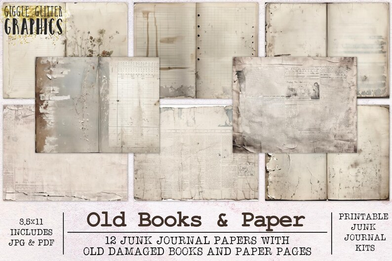 Old Books and Paper Junk Journal Paper | Junk Journal Kit JPG + PDF | Printable Journal Pages | Digital Paper Ephemera | Vintage Shabby image 1