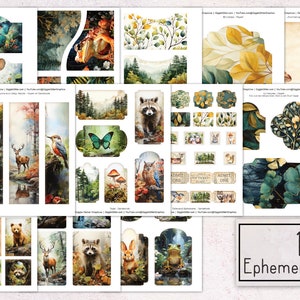 May include: Twelve digital printable ephemera sheets featuring woodland animals, plants, and nature scenes. The sheets include a variety of designs, such as a raccoon, a deer, a frog, a butterfly, and a bird. The sheets are perfect for scrapbooking, card making, and other paper crafts.