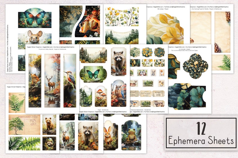 May include: Twelve digital printable ephemera sheets featuring woodland animals, plants, and nature scenes. The sheets include a variety of designs, such as a raccoon, a deer, a frog, a butterfly, and a bird. The sheets are perfect for scrapbooking, card making, and other paper crafts.