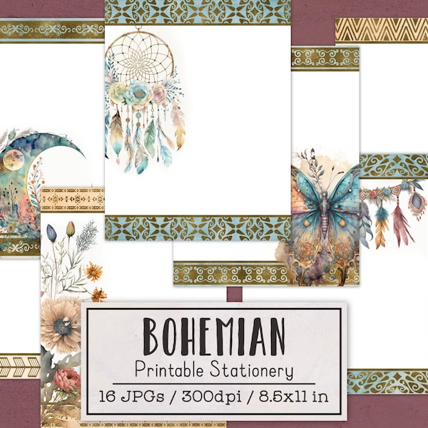 Boho Boho Briefpapier | Ungefüttertes und liniertes Briefpapier | Digitales Briefpapier zum Schreiben von Briefen | Tagebuch Papierpflanzen Traumfänger