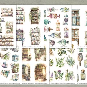 May include: A set of digital watercolor stickers featuring apothecary jars, bottles, shelves, and plants. The stickers are perfect for adding a vintage, whimsical touch to your projects.