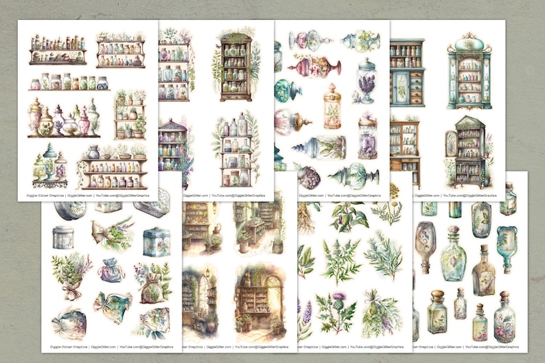 May include: A set of digital watercolor stickers featuring apothecary jars, bottles, shelves, and plants. The stickers are perfect for adding a vintage, whimsical touch to your projects.