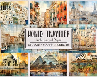 World Traveler Watercolor Junk Journal Paper | Junk Journal Kit | Printable Journal Pages | Digital Paper Ephemera | Travel