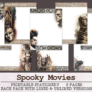 Briefpapier spookachtige films | Ongevoerd en gelinieerd briefpapier JPG PDF | Digitaal halloweenpapier om brieven te schrijven | Journaal: gotische horror
