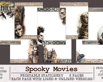 Spooky Movies Stationery | Unlined and Lined Writing Paper JPG PDF | Digital Halloween Paper for Letter Writing | Journal Gothic Horror
