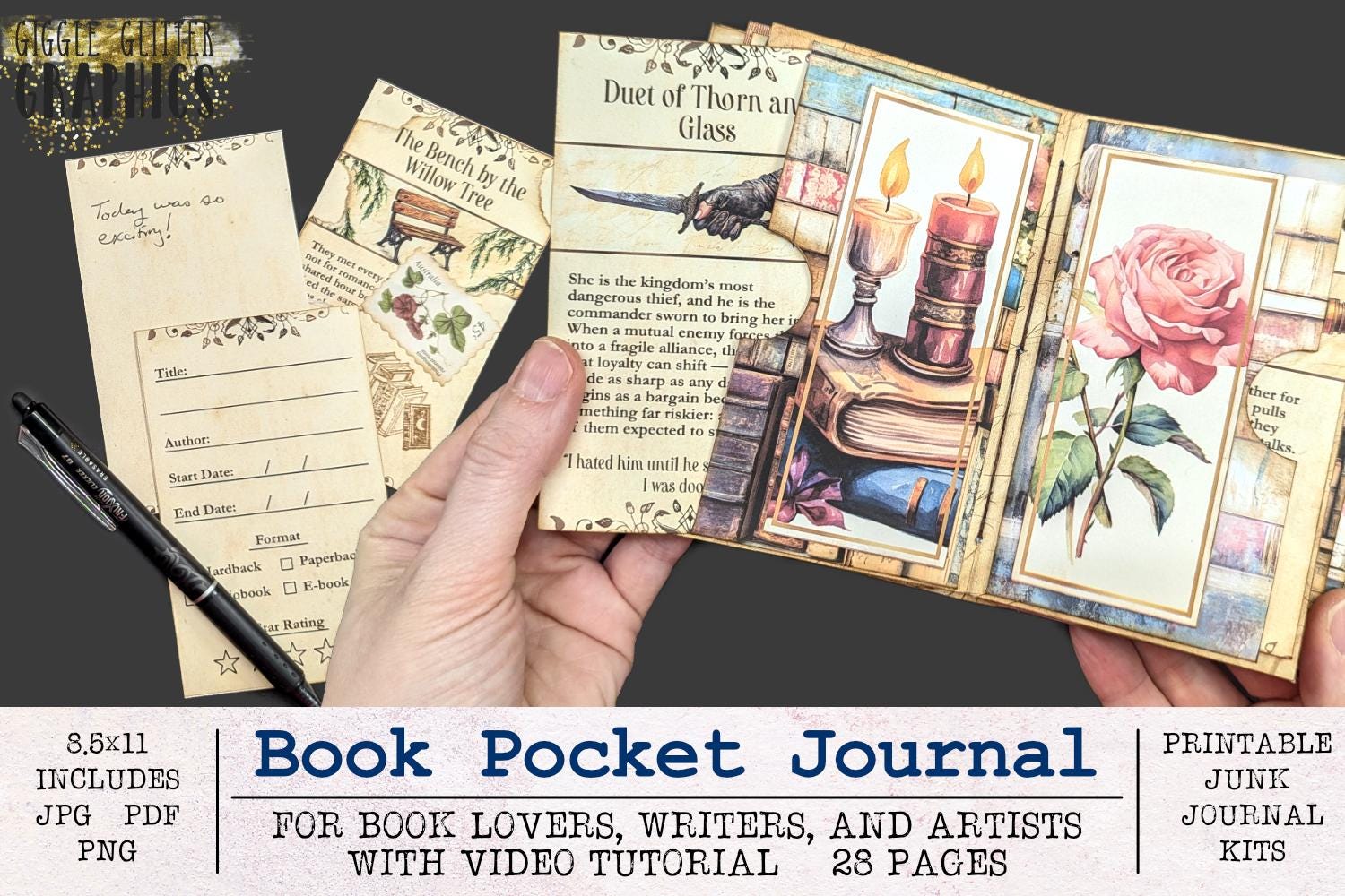 Book Pocket Journal Junk Journal Kit | For Book Log, Writing, Collage | With Video Tutorial JPG PNG PDF | Printable Digital Download