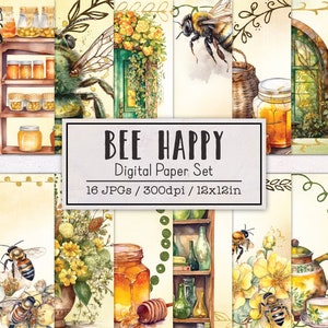 Bee Happy Digital Papers | Digital Paper Pack | Printable Scrapbook Ephemera | Summer Honey